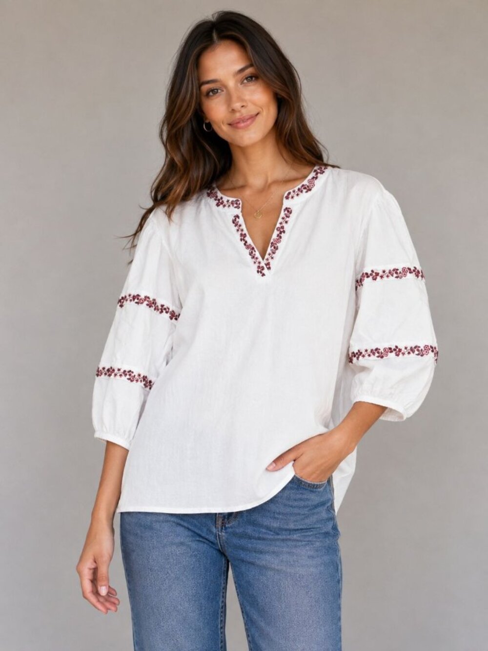 Linda Anderson Cracker Barrel Blouse Large Bubble Sleeve Floral Embroidery Vneck